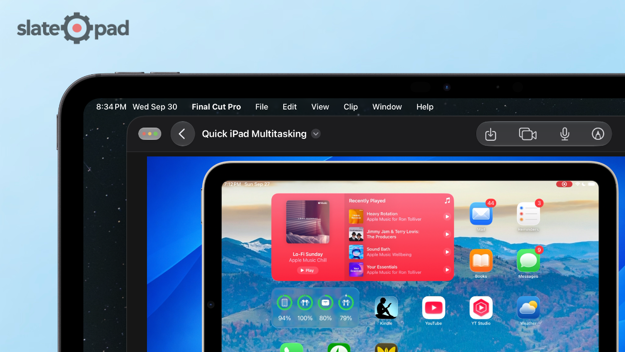Closeup of iPad with Final Cut Pro open, showing the new interface